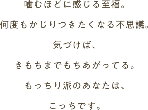 噛むほどに感じる至福。何度もかじりつきたくなる不思議。気づけば、きもちまでもちあがってる。もっちり派のあなたは、こっちです。
